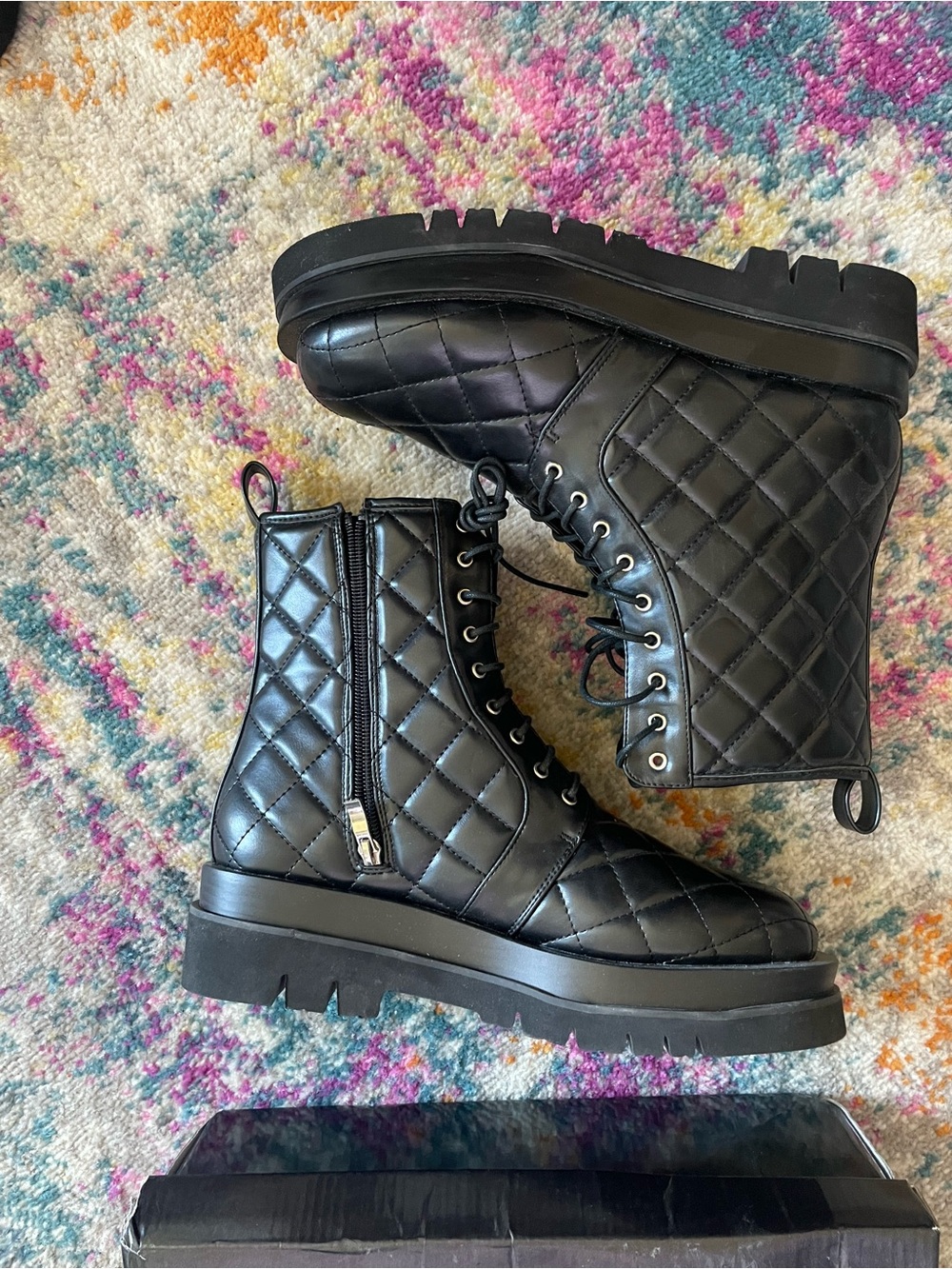 PrettyLittleThing Black Quilted Lace-Up Biker Boots